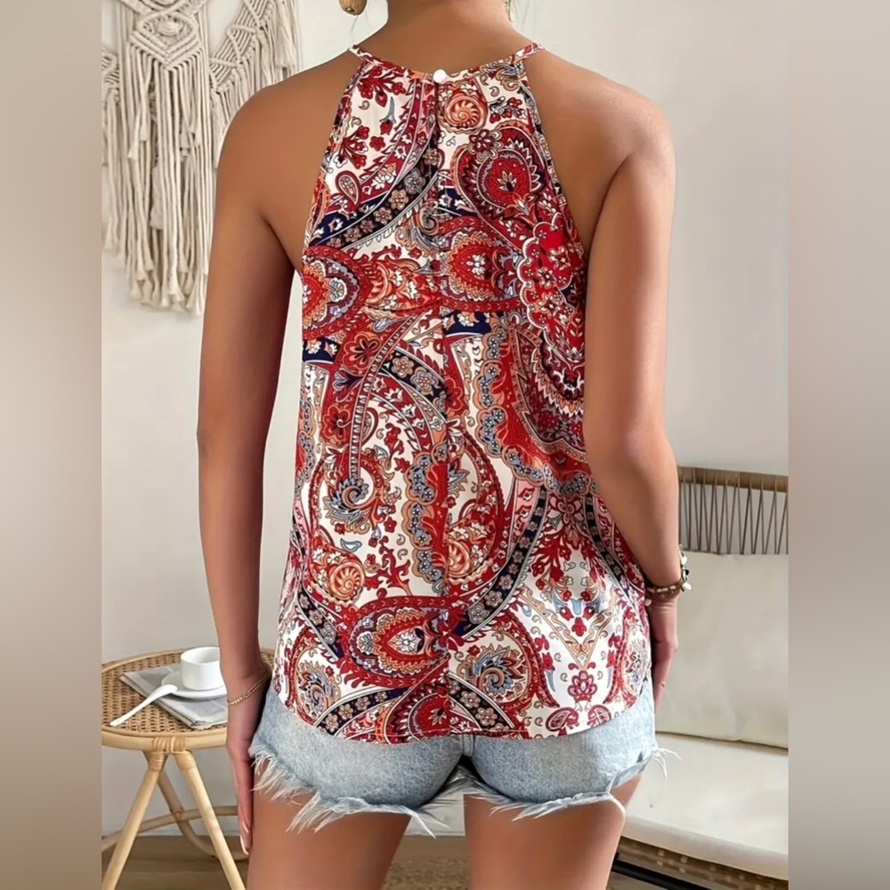 Boho Graphic Print Halter Neck Tank Top, YOUNG Ruched Bust Sleeveless Tank Top - Picture 3 of 3